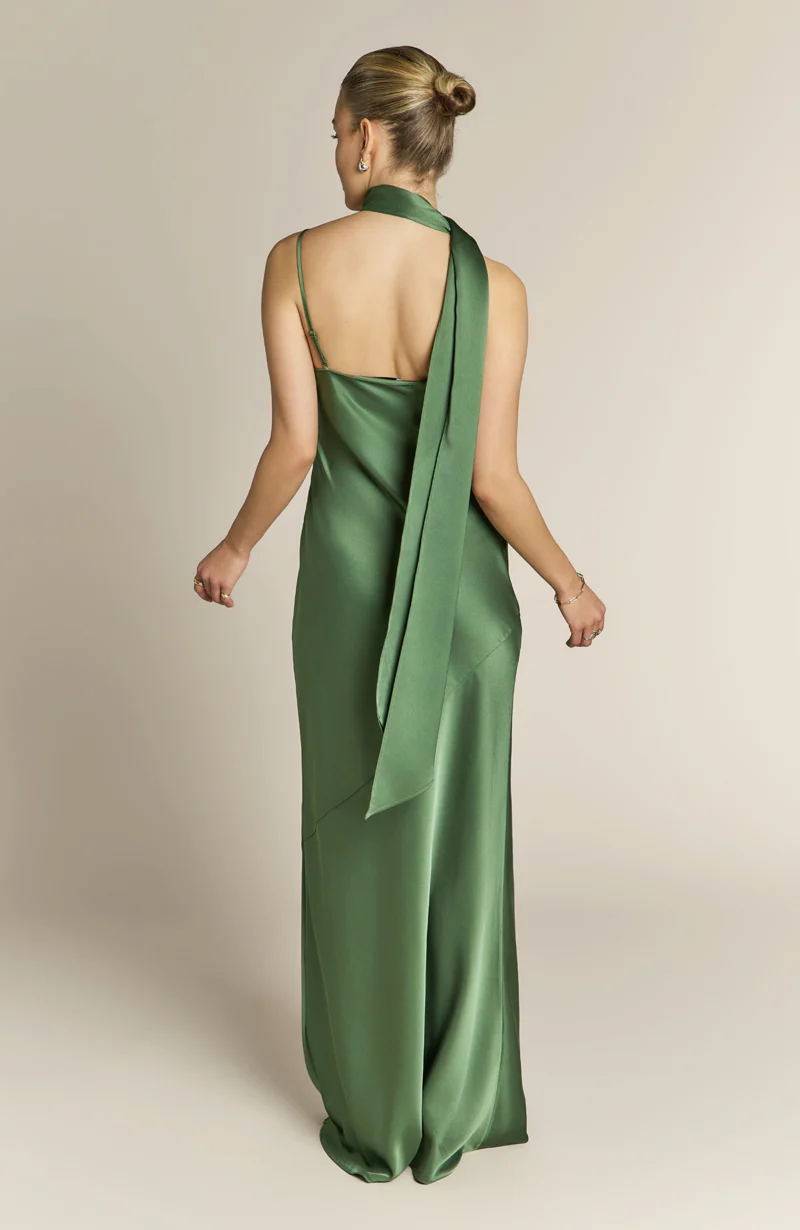 Raye One Shoulder Satin Bridesmaid Dress – Olive Green - Image 9