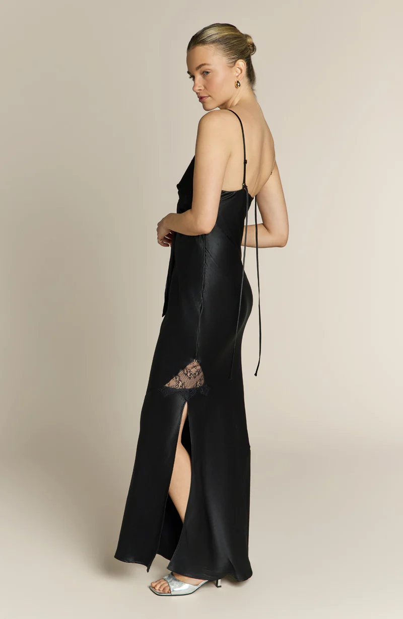 Remi Lace Panel Satin Dress in Black - Image 10