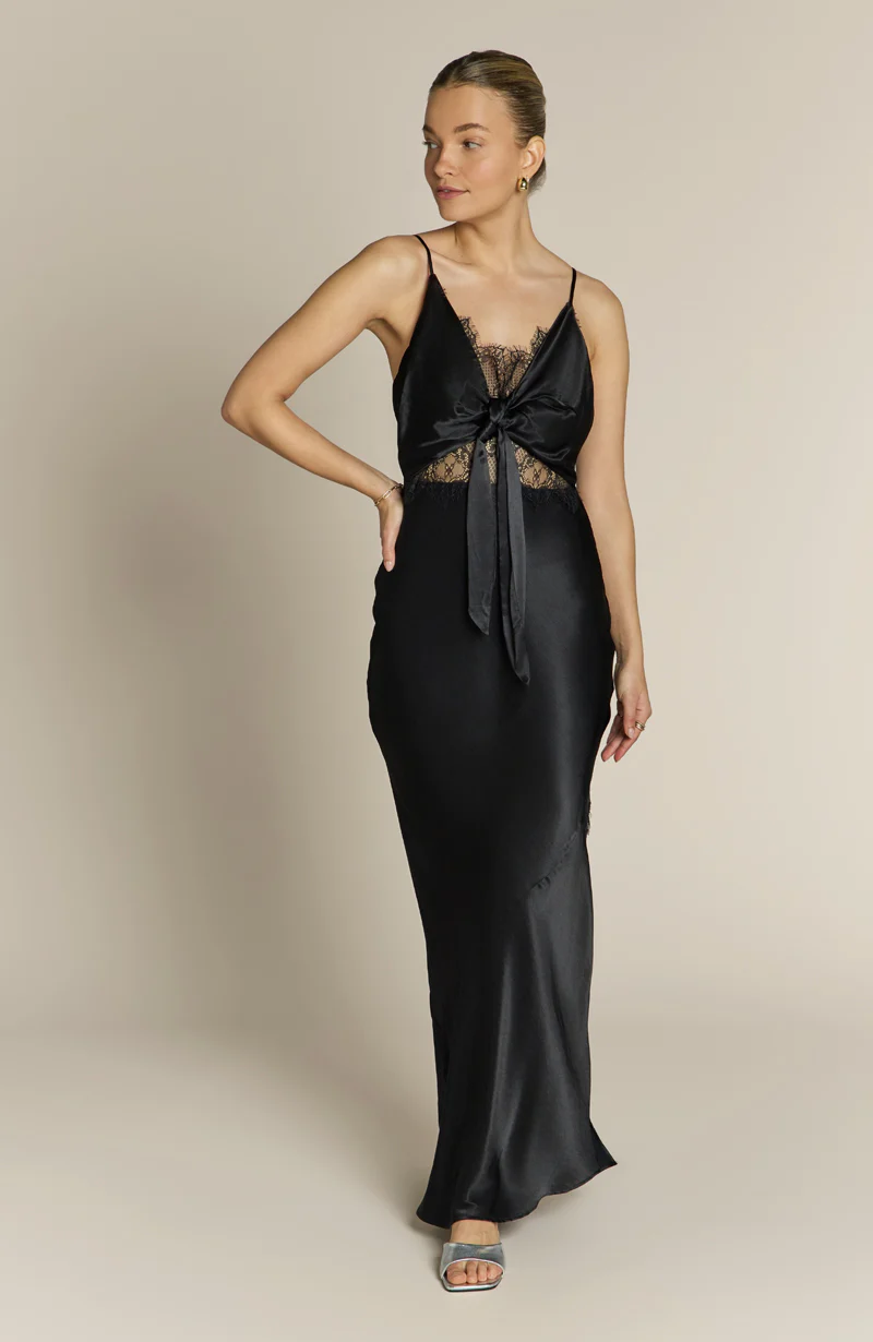 Remi Lace Panel Satin Dress in Black - Image 5