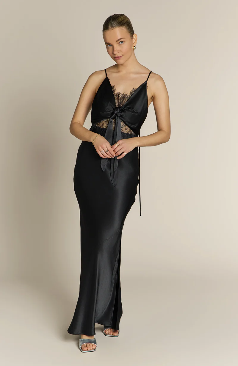 Remi Lace Panel Satin Dress in Black - Image 8