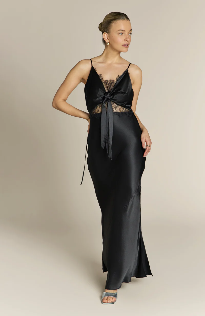 Remi Lace Panel Satin Dress in Black - Image 9