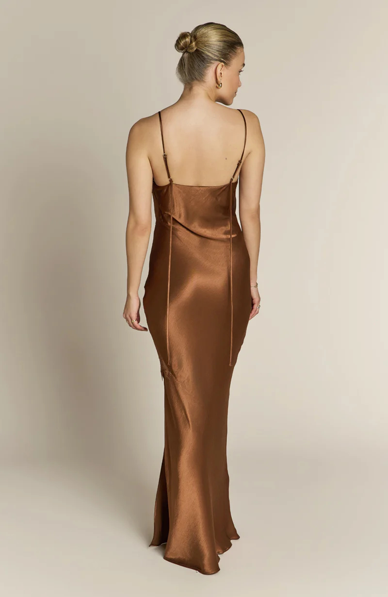 Remi Lace Panel Satin Dress in Chocolate Brown - Image 11