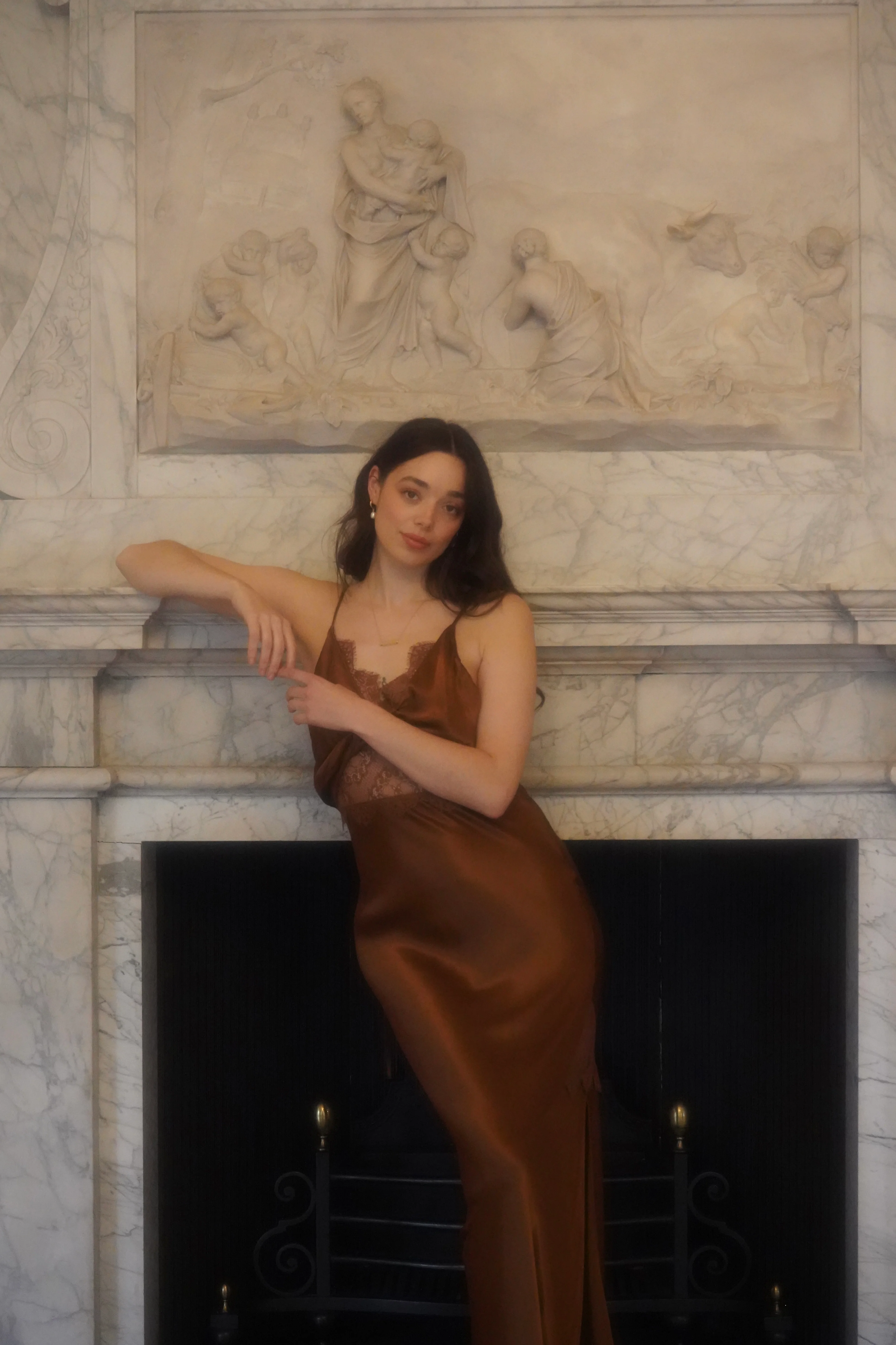 Remi Lace Panel Satin Dress in Chocolate Brown - Image 4