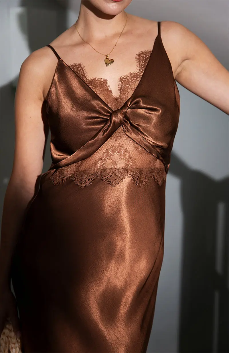 Remi Lace Panel Satin Dress in Chocolate Brown - Image 6