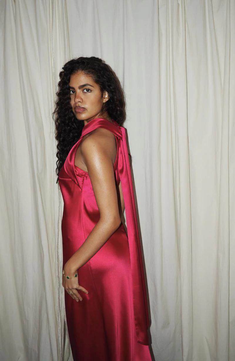 Roma Dress in Hot Pink Satin — Halterneck Maxi Bridesmaid Dress - Image 4