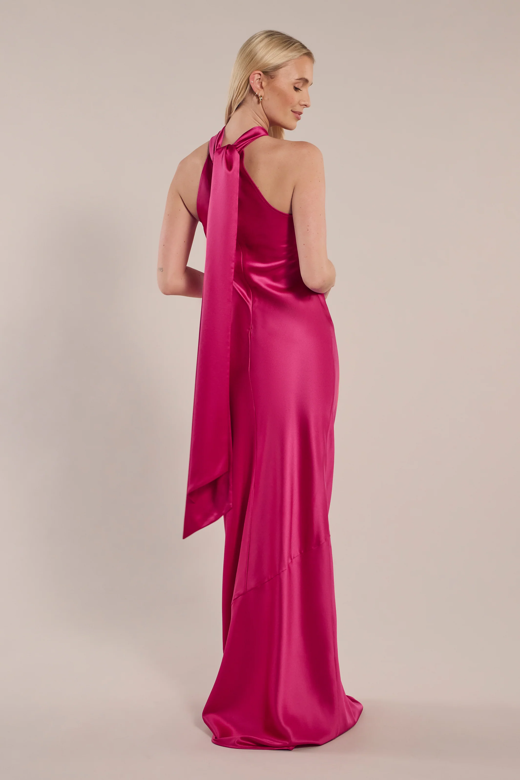 Roma Dress in Hot Pink Satin — Halterneck Maxi Bridesmaid Dress - Image 5
