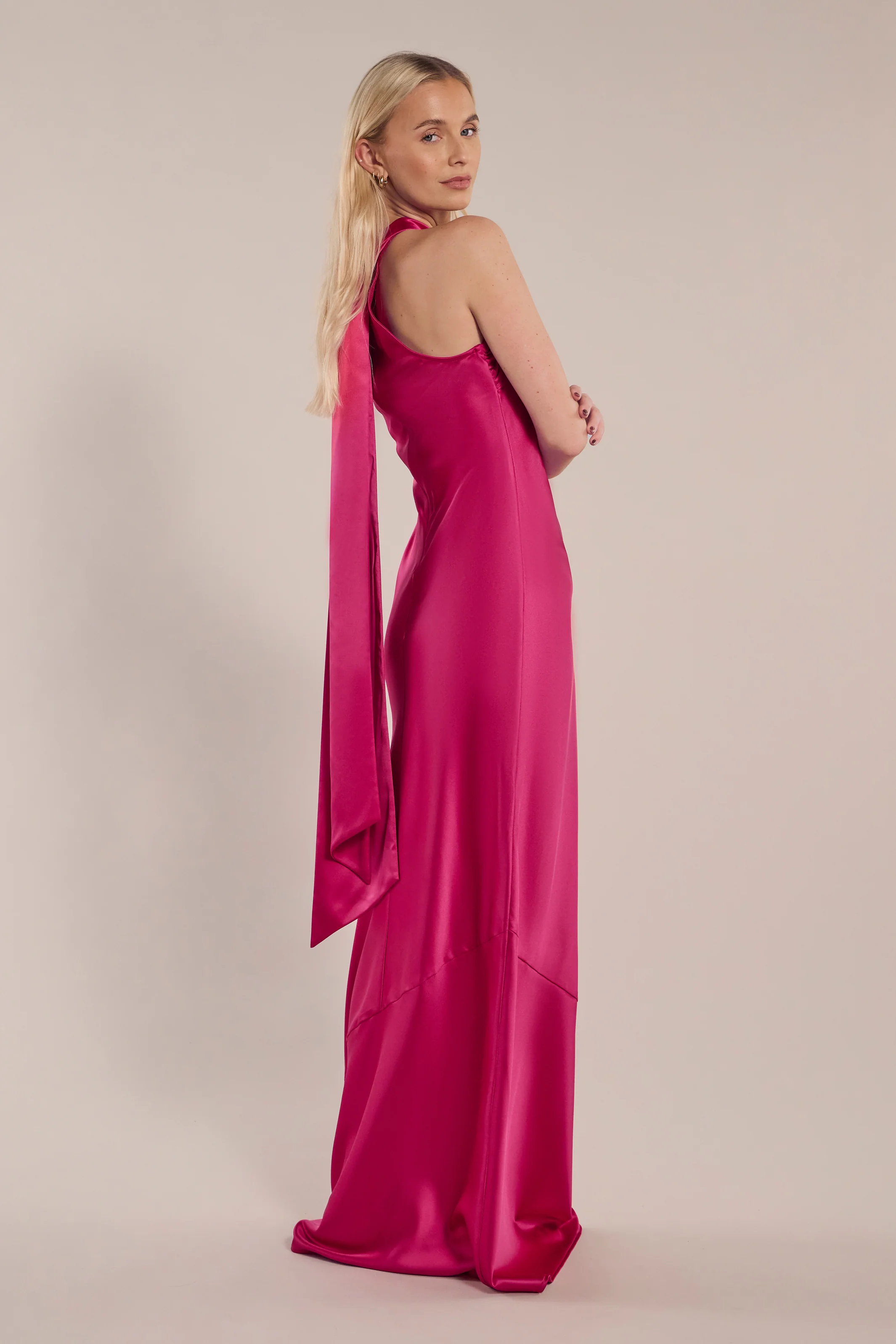 Roma Dress in Hot Pink Satin — Halterneck Maxi Bridesmaid Dress - Image 6