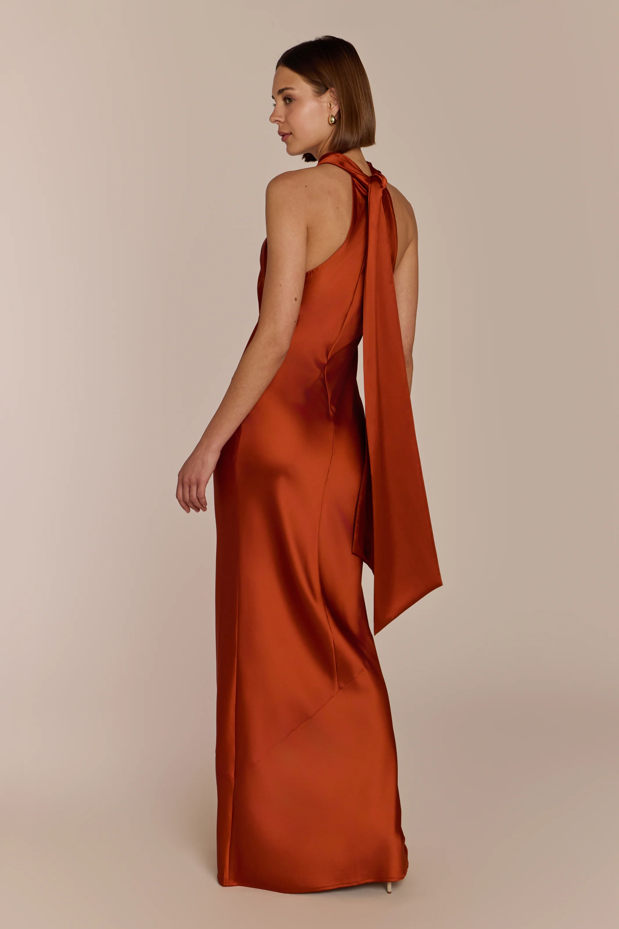 Roma Dress in Burnt Orange Satin — Halterneck Maxi Bridesmaid Dress - Image 4