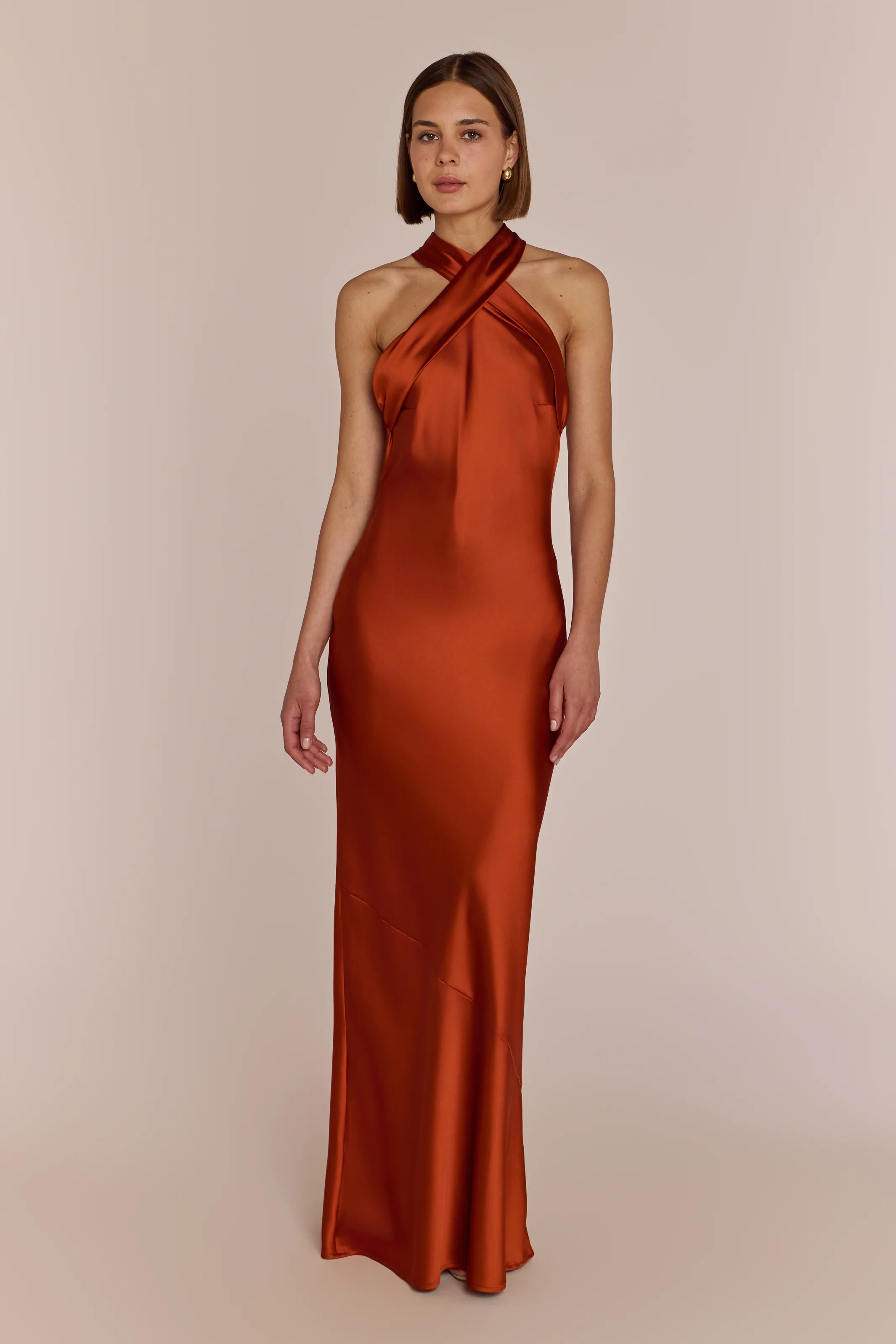 Roma Dress in Burnt Orange Satin — Halterneck Maxi Bridesmaid Dress - Image 5