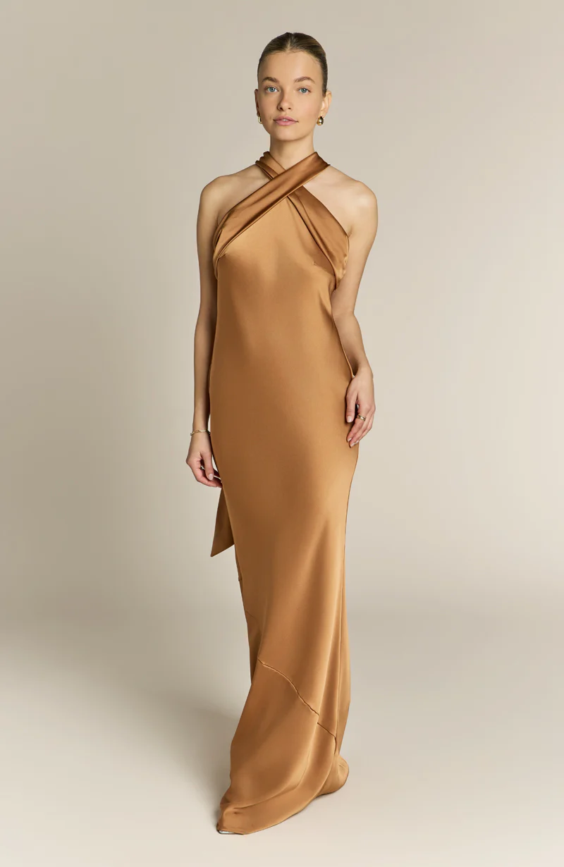 Roma Dress in Caramel Satin - Halterneck Maxi Bridesmaid Dress - Image 4