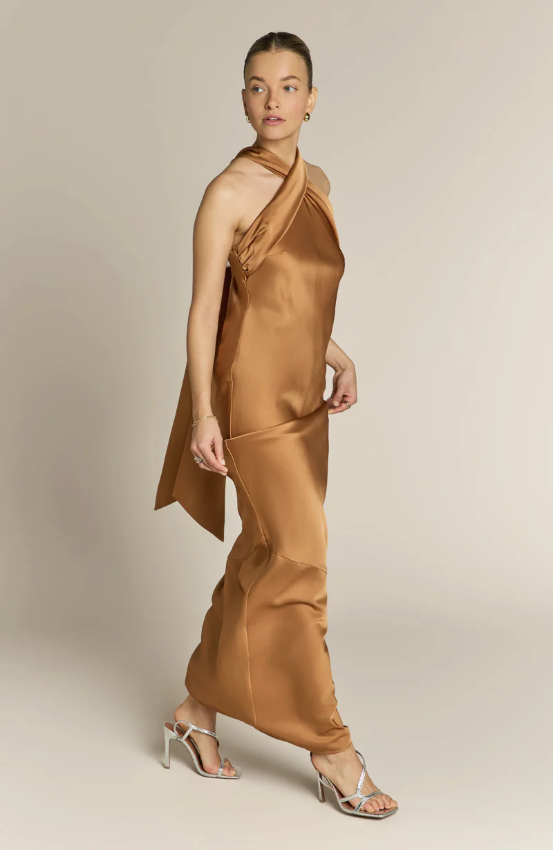 Roma Dress in Caramel Satin - Halterneck Maxi Bridesmaid Dress - Image 5