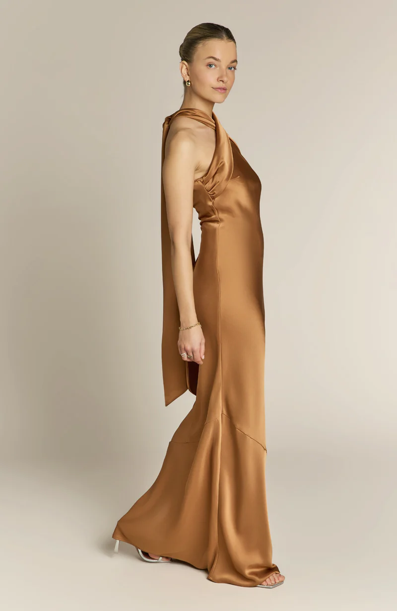 Roma Dress in Caramel Satin - Halterneck Maxi Bridesmaid Dress - Image 6