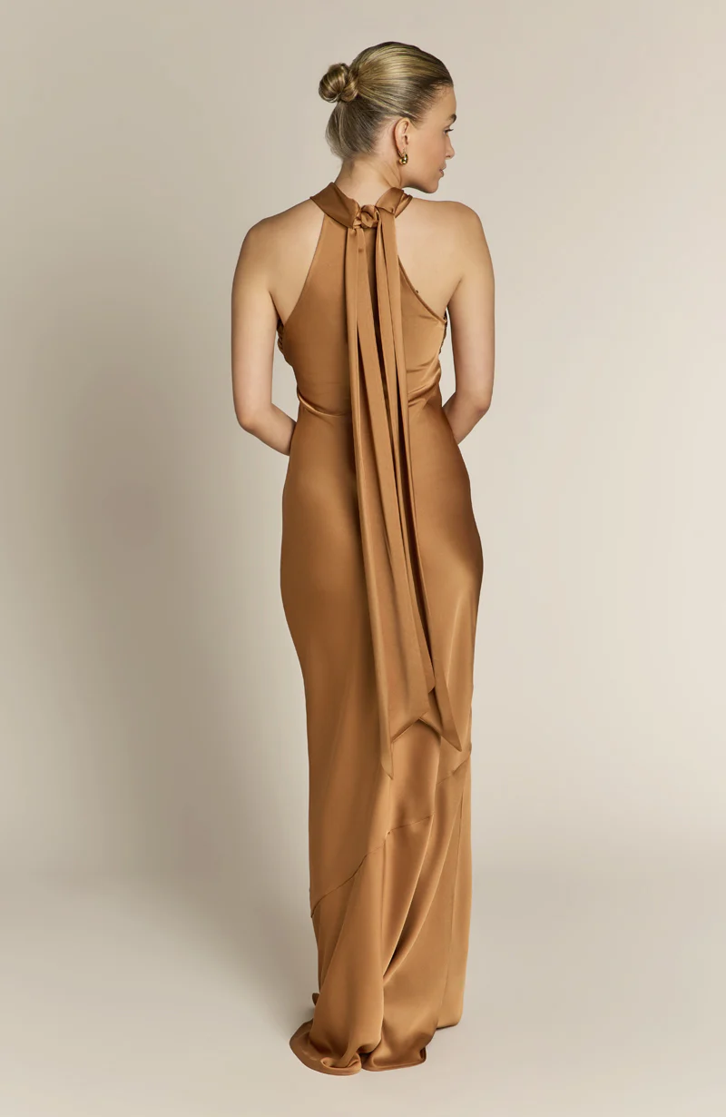 Roma Dress in Caramel Satin - Halterneck Maxi Bridesmaid Dress - Image 7