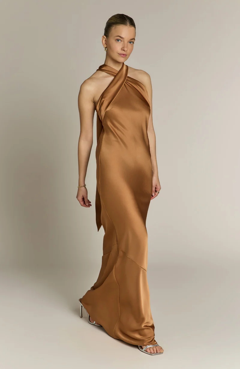 Roma Dress in Caramel Satin - Halterneck Maxi Bridesmaid Dress - Image 8