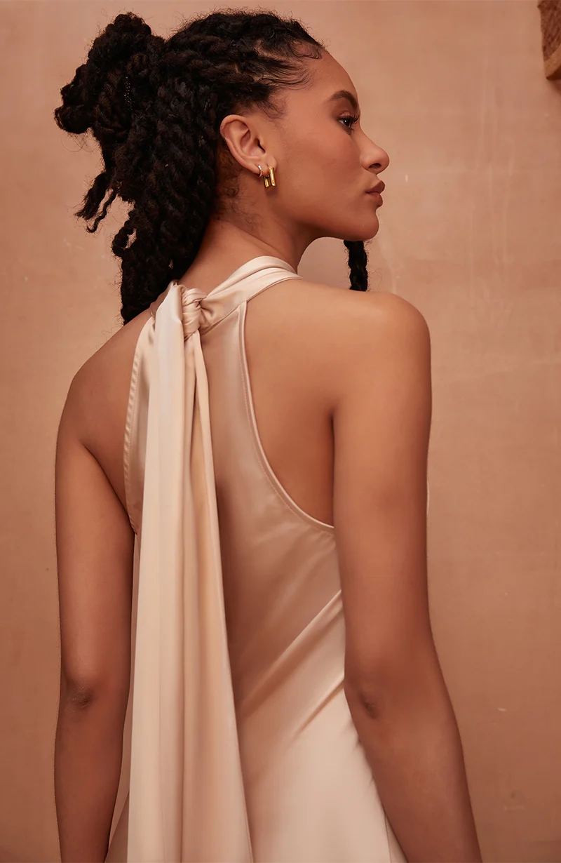 Roma Dress in Champagne Satin — Halterneck Maxi Bridesmaid Dress - Image 3