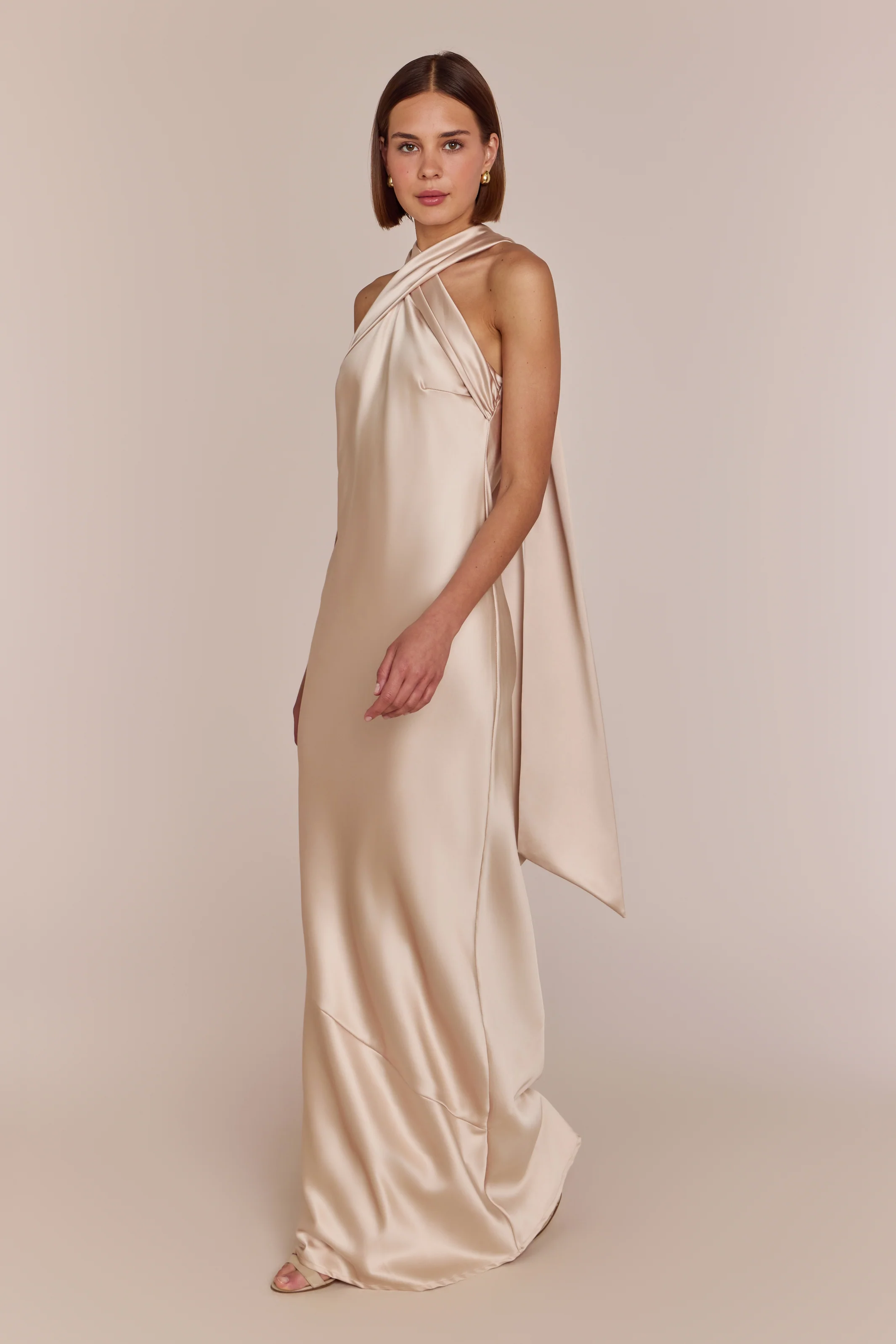 Roma Dress in Champagne Satin — Halterneck Maxi Bridesmaid Dress - Image 4