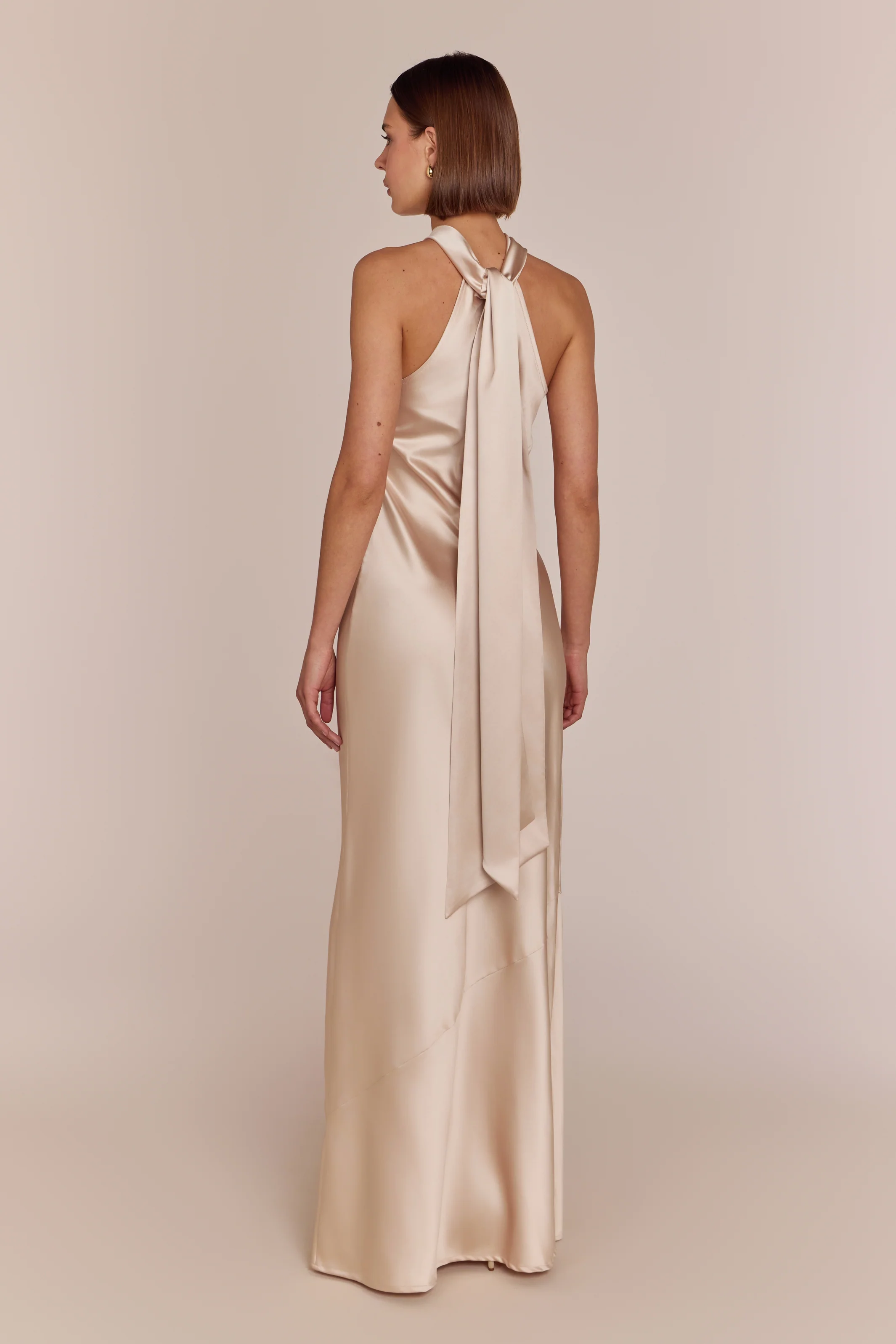 Roma Dress in Champagne Satin — Halterneck Maxi Bridesmaid Dress - Image 5
