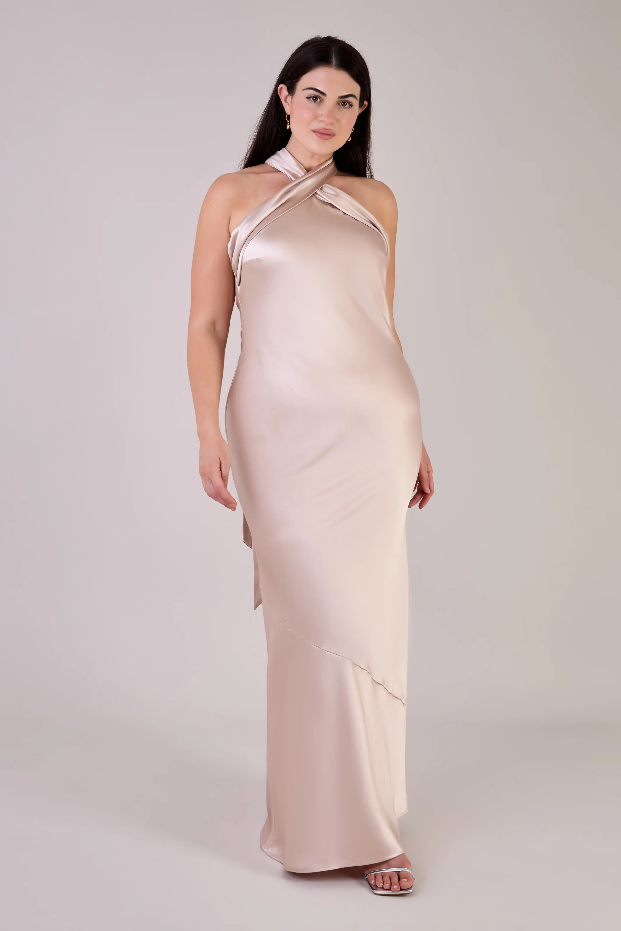 Roma Dress in Champagne Satin — Halterneck Maxi Bridesmaid Dress - Image 6