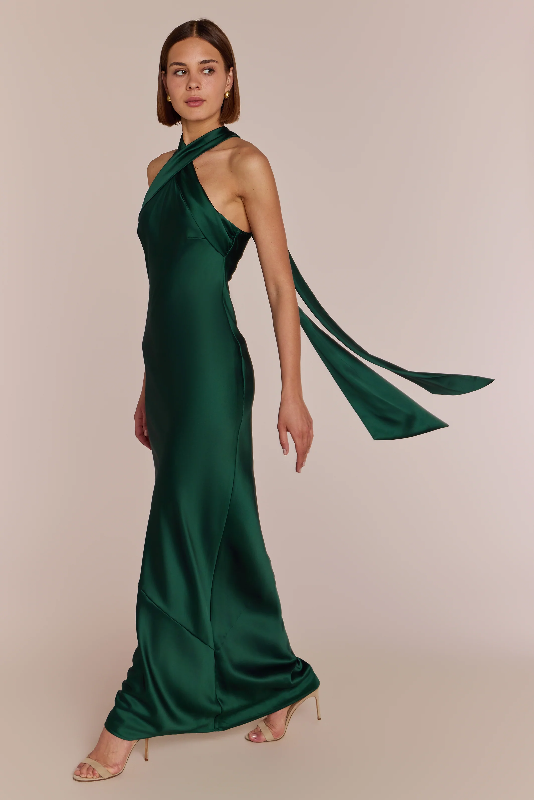 Roma Dress in Forest Green Satin — Halterneck Maxi Bridesmaid Dress - Image 3