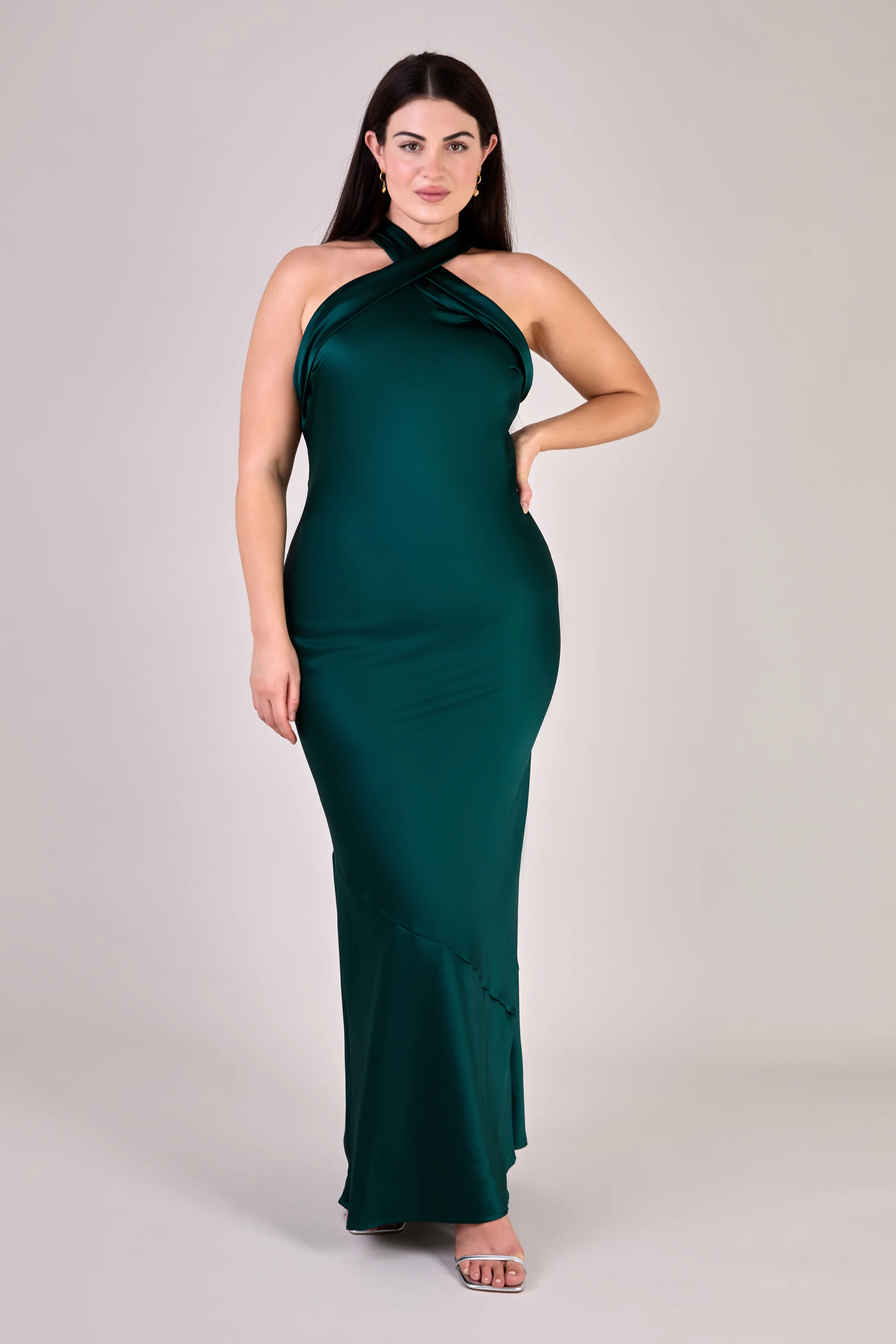 Roma Dress in Forest Green Satin — Halterneck Maxi Bridesmaid Dress - Image 4