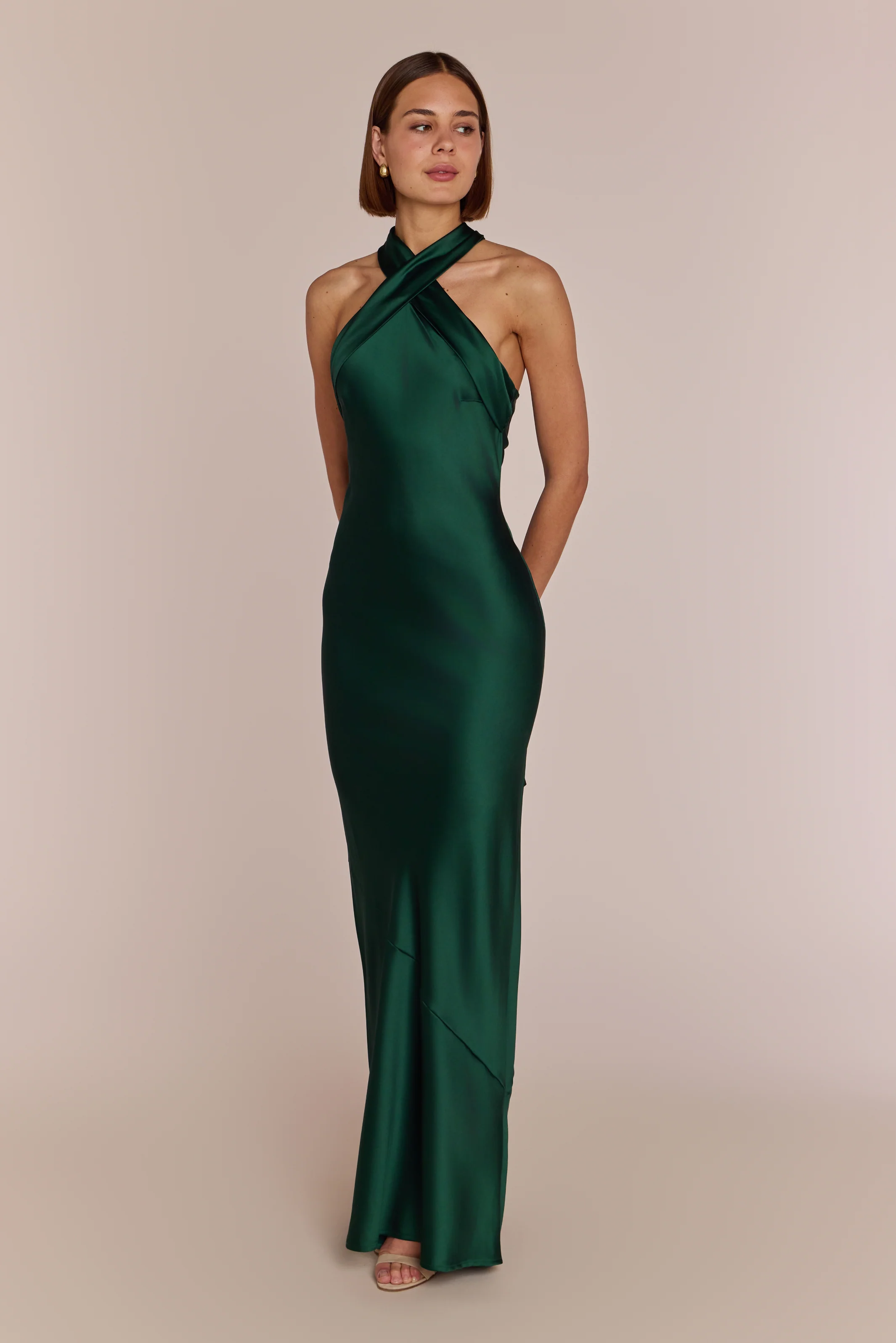 Roma Dress in Forest Green Satin — Halterneck Maxi Bridesmaid Dress - Image 6
