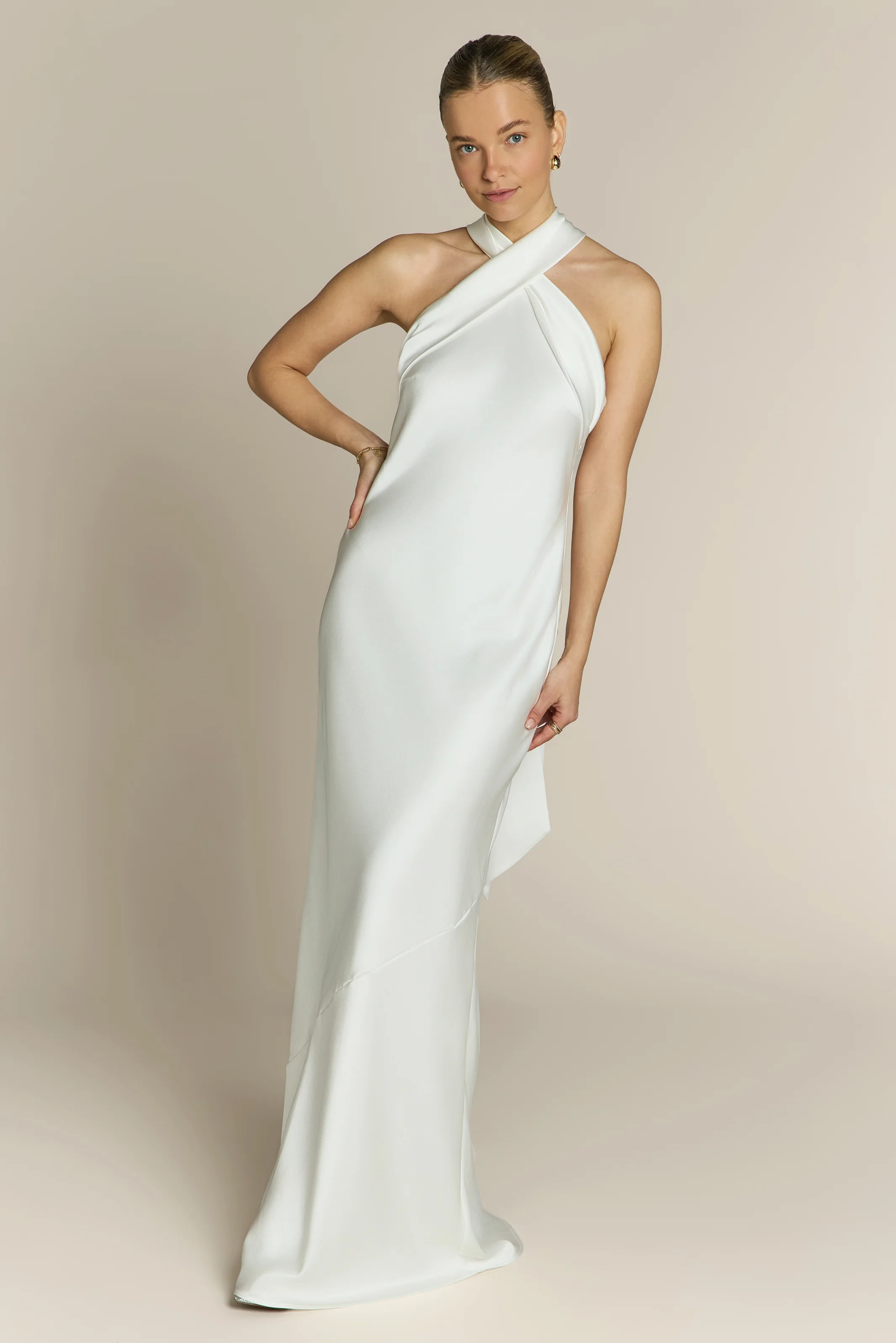 Roma Dress in Ivory Satin- Halterneck Maxi Bridesmaid & Bridal Dress - Image 3