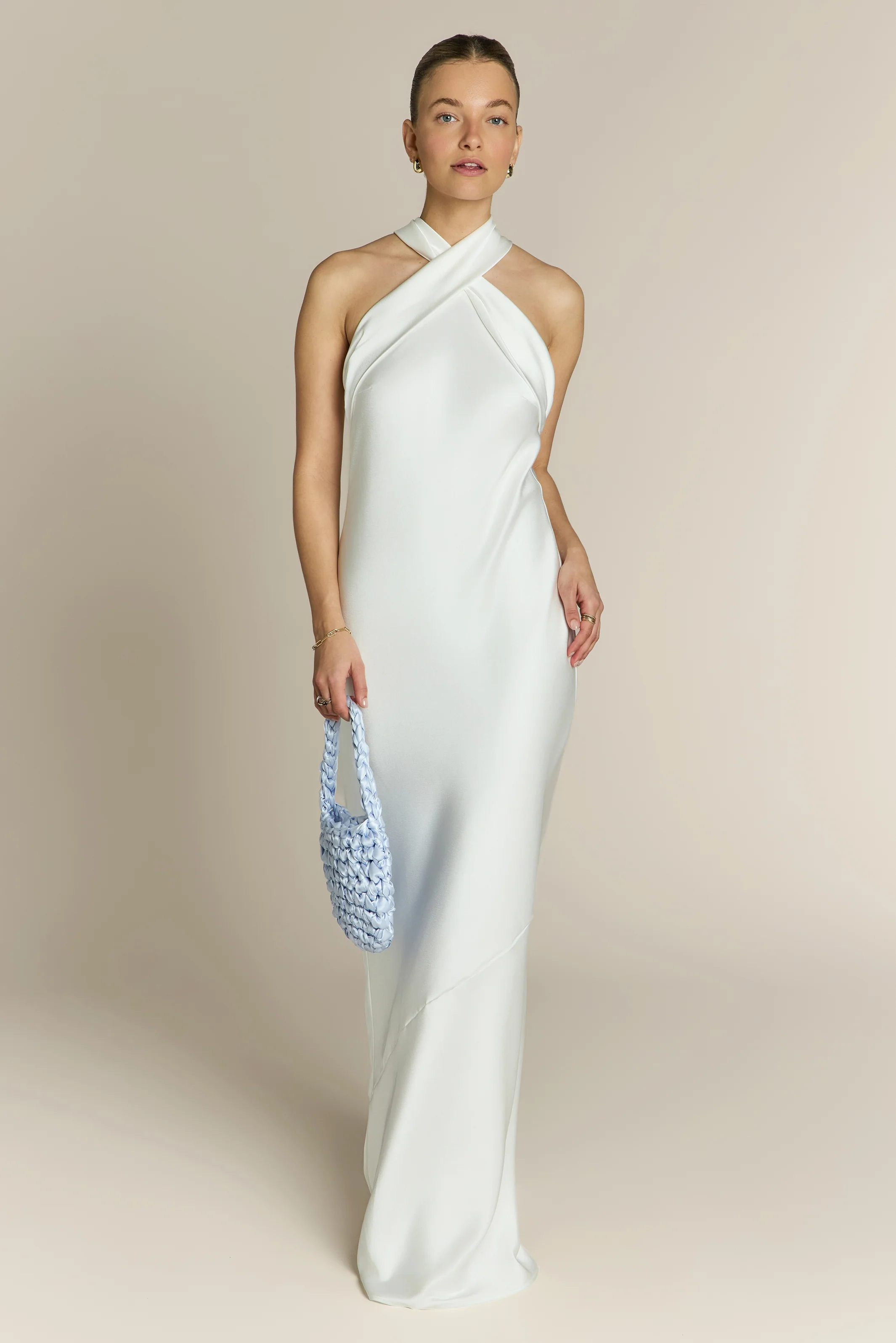 Roma Dress in Ivory Satin- Halterneck Maxi Bridesmaid & Bridal Dress - Image 4