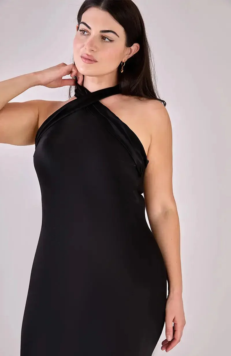 Roma Dress in Black Satin — Halterneck Maxi Bridesmaid Dress - Image 6