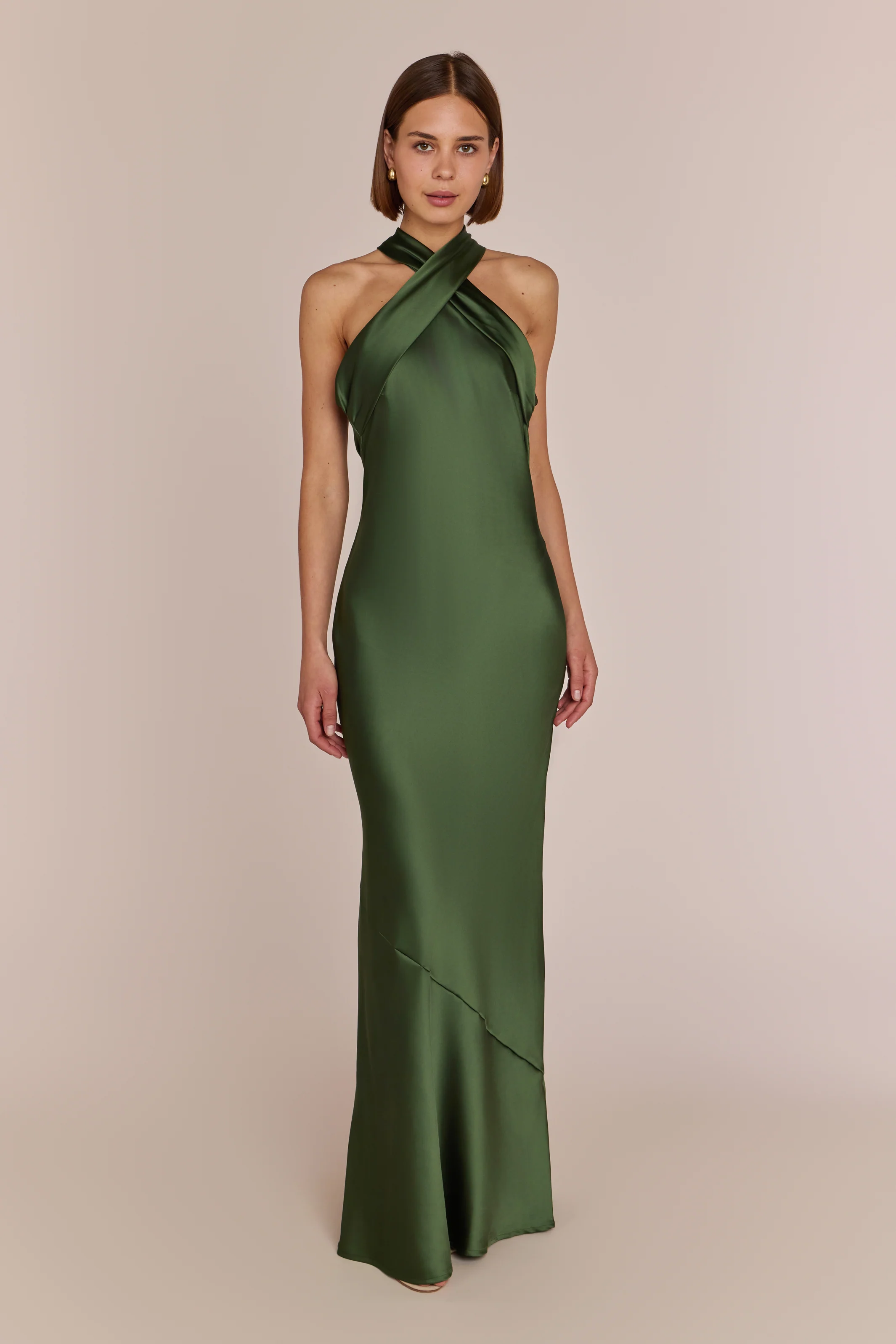 Roma Dress in Olive Green Satin - Halterneck Maxi Bridesmaid Dress - Image 4