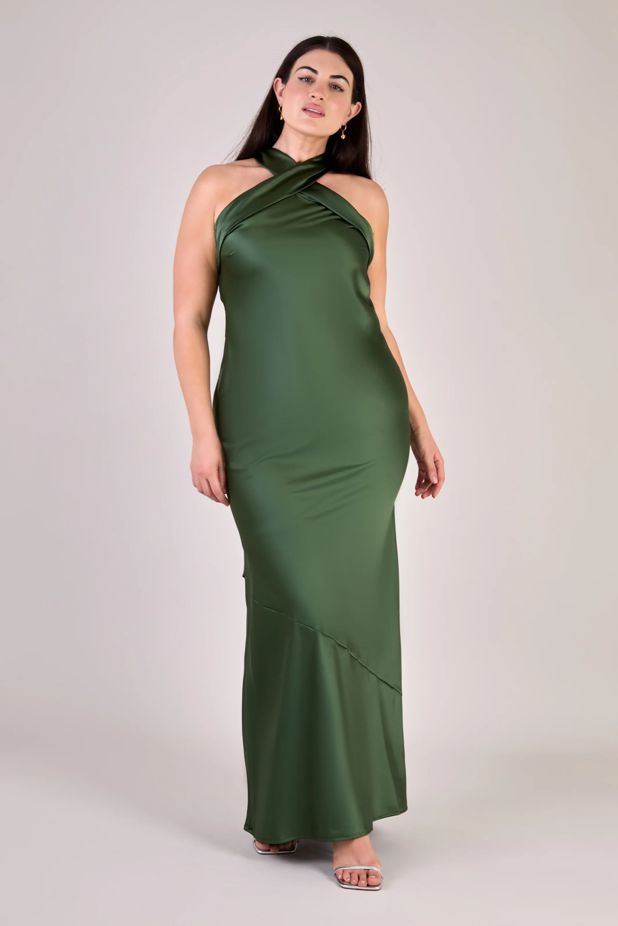 Roma Dress in Olive Green Satin - Halterneck Maxi Bridesmaid Dress - Image 5