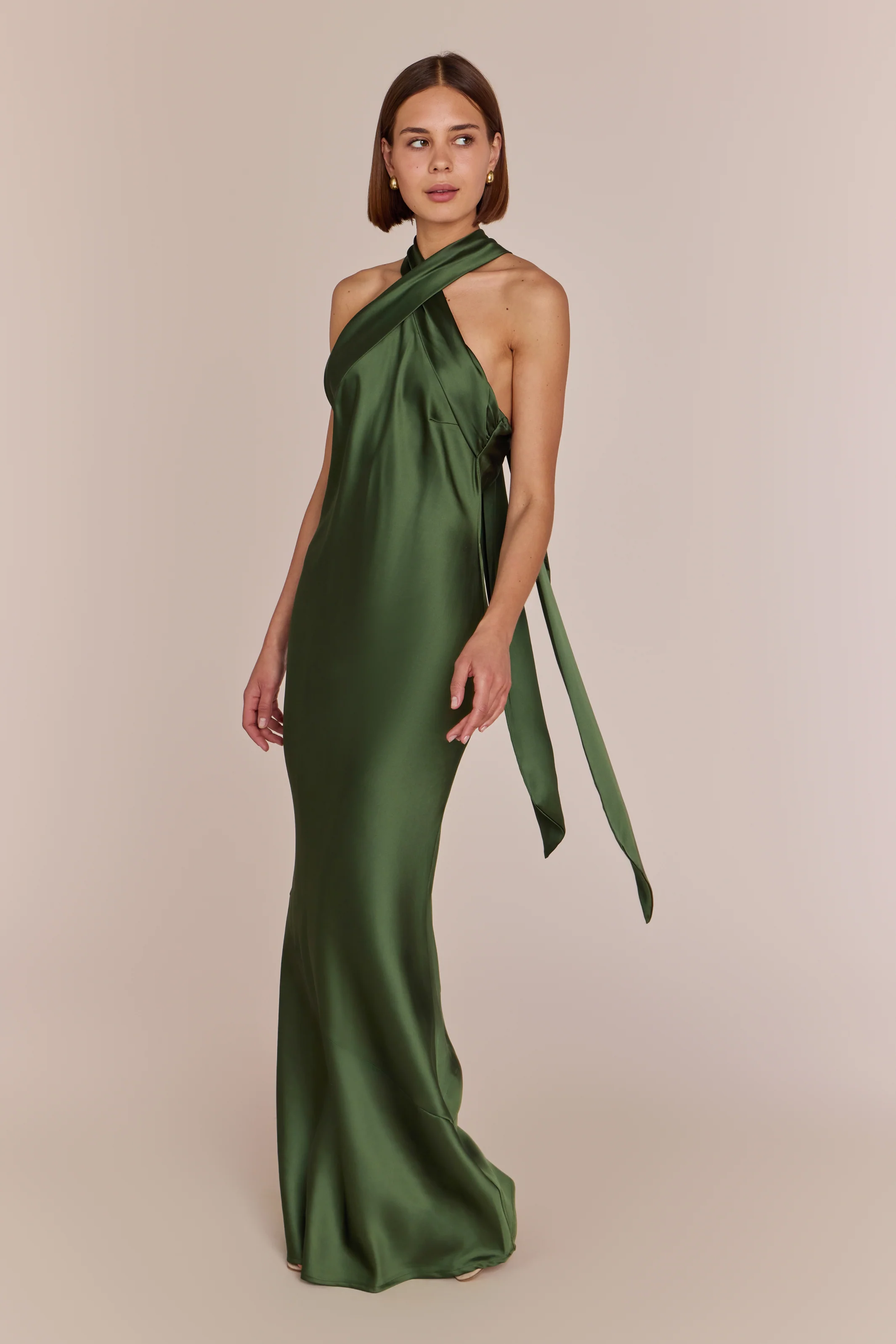 Roma Dress in Olive Green Satin - Halterneck Maxi Bridesmaid Dress - Image 6