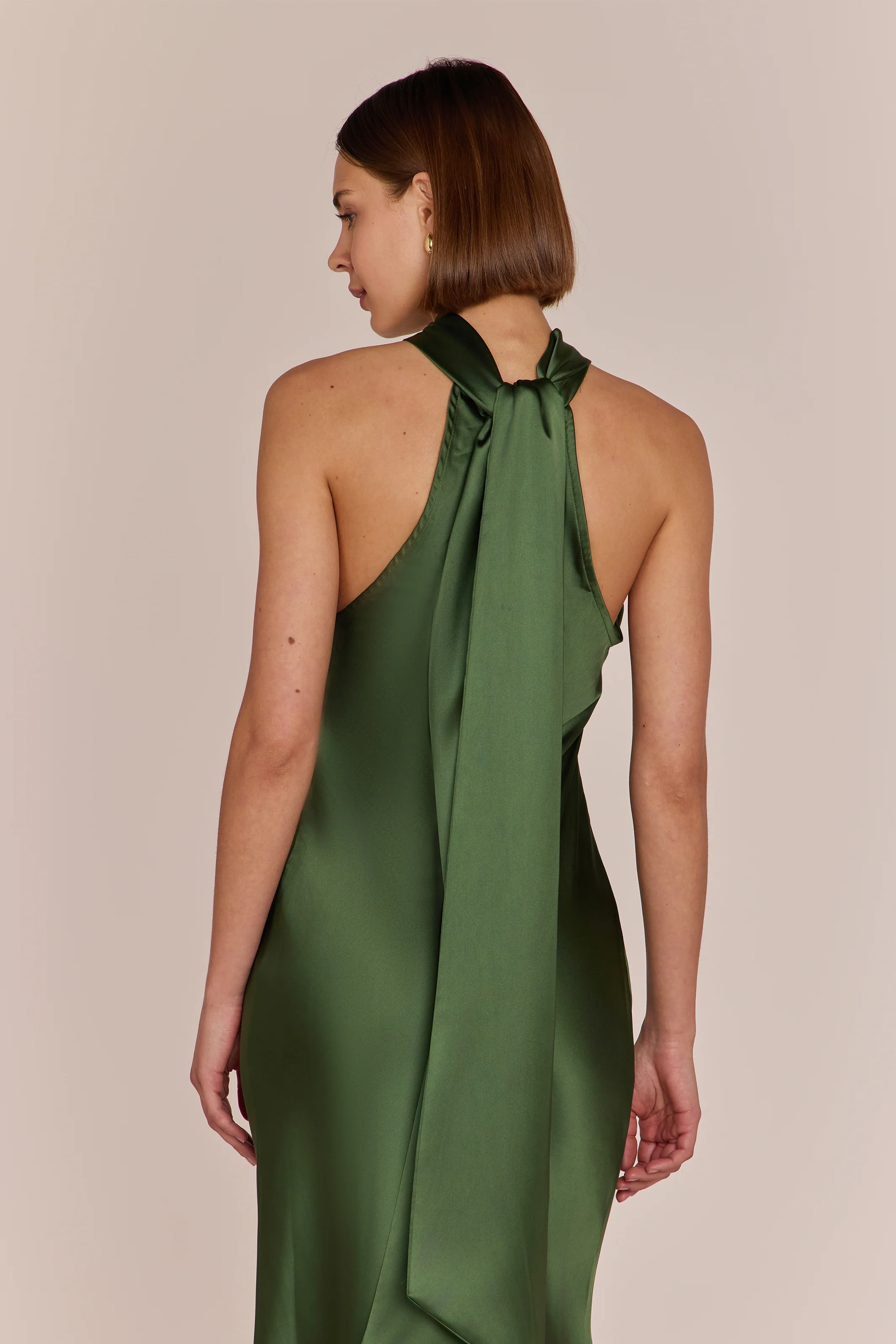 Roma Dress in Olive Green Satin - Halterneck Maxi Bridesmaid Dress - Image 7