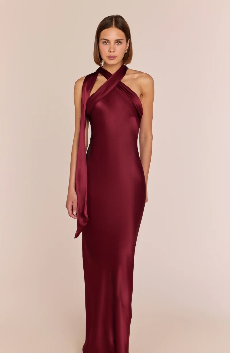 Roma Dress in Chianti Satin — Halterneck Maxi Bridesmaid Dress - Image 3