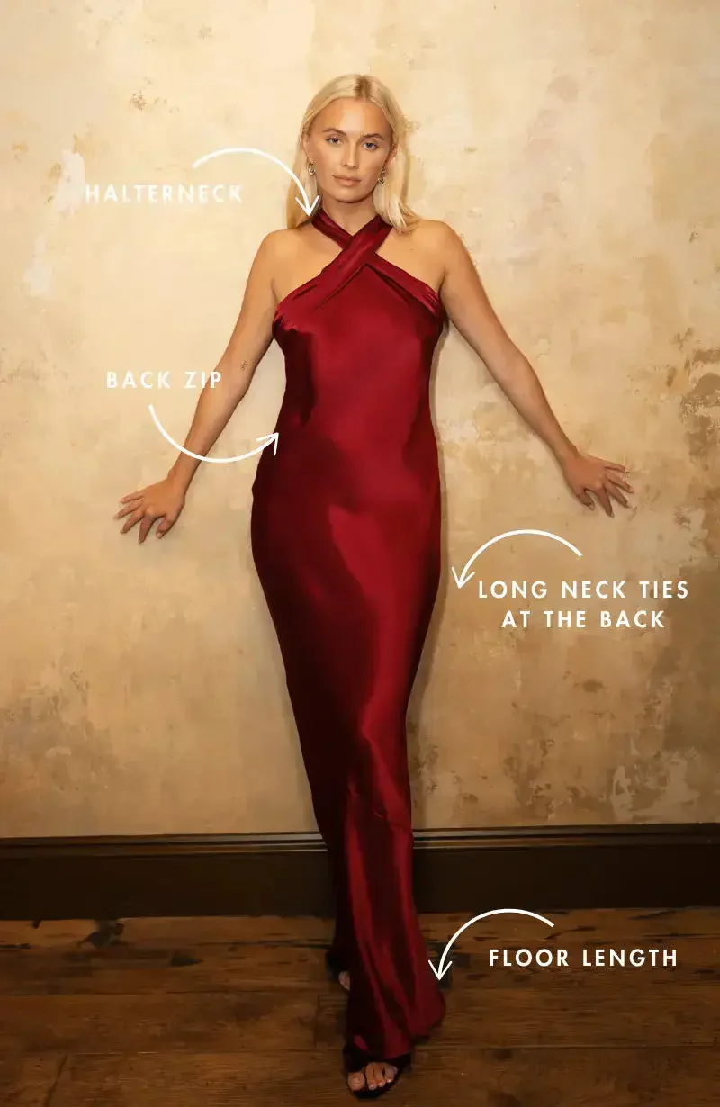Roma Dress in Chianti Satin — Halterneck Maxi Bridesmaid Dress - Image 6