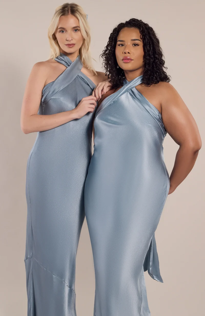 Roma Dress in Pale Blue Satin — Halterneck Maxi Bridesmaid Dress - Image 4