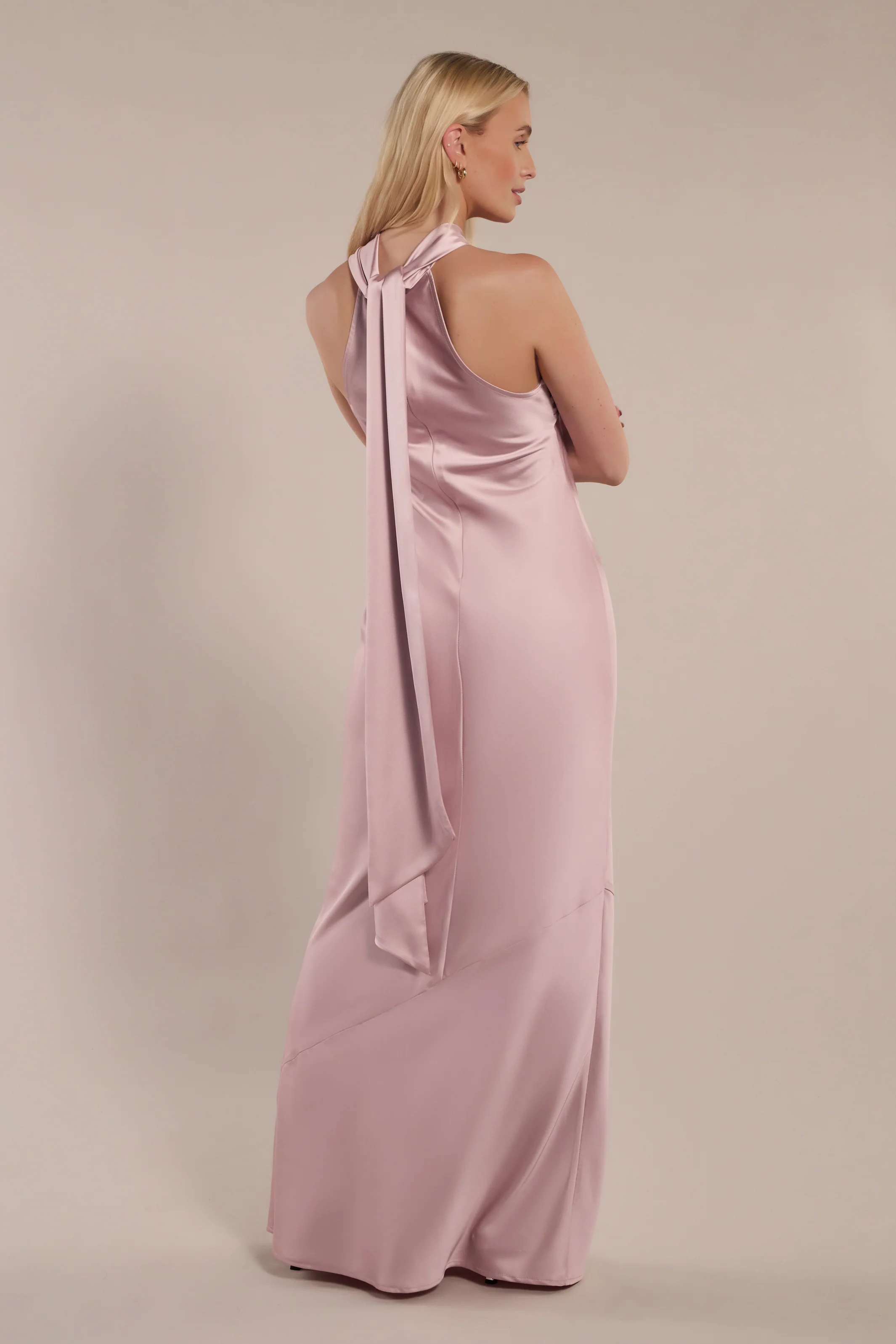 Roma Dress in Rose Pink Satin- Halterneck Maxi Bridesmaid Dress - Image 3