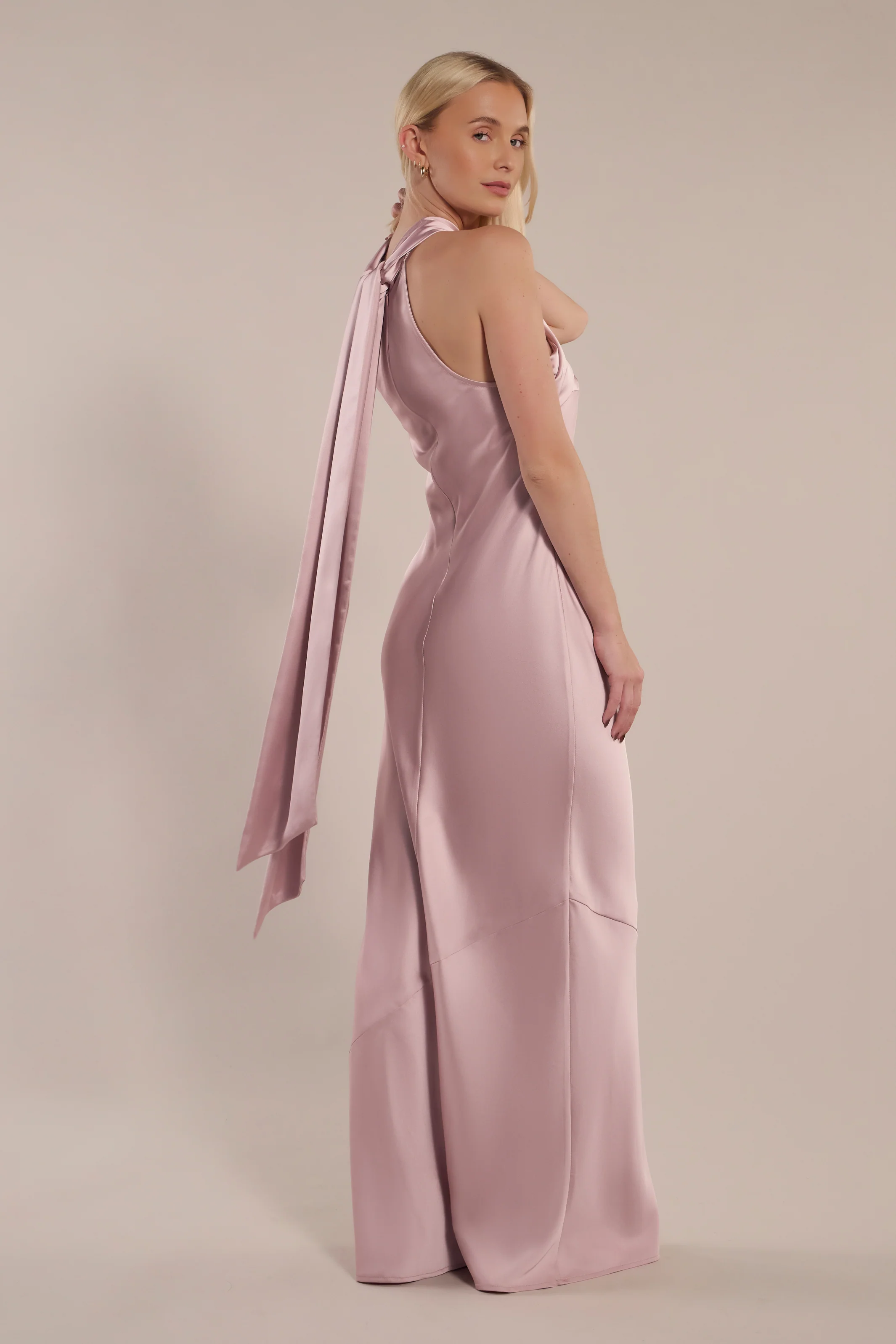 Roma Dress in Rose Pink Satin- Halterneck Maxi Bridesmaid Dress - Image 4