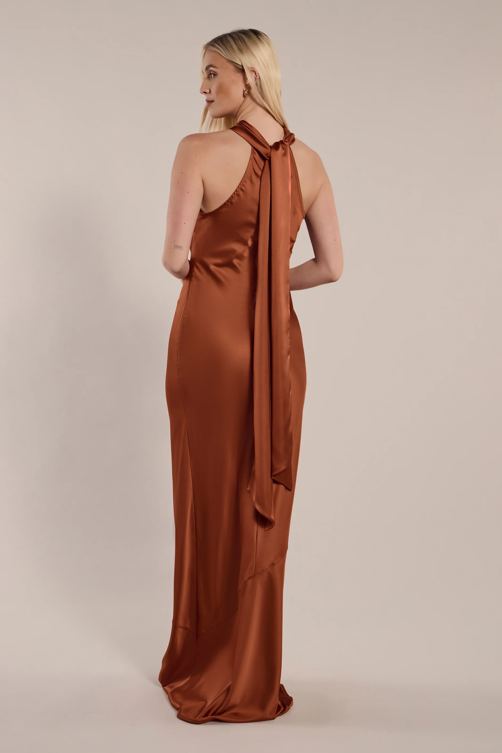 Roma Dress in Cinnamon Satin — Halterneck Maxi Bridesmaid Dress - Image 4