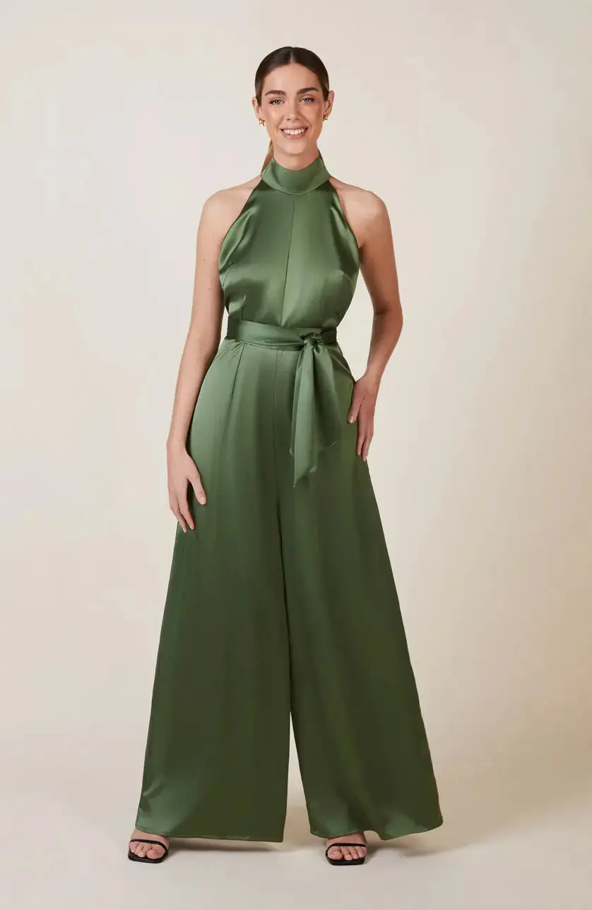 Soho Jumpsuit in Olive Green Satin - Image 3